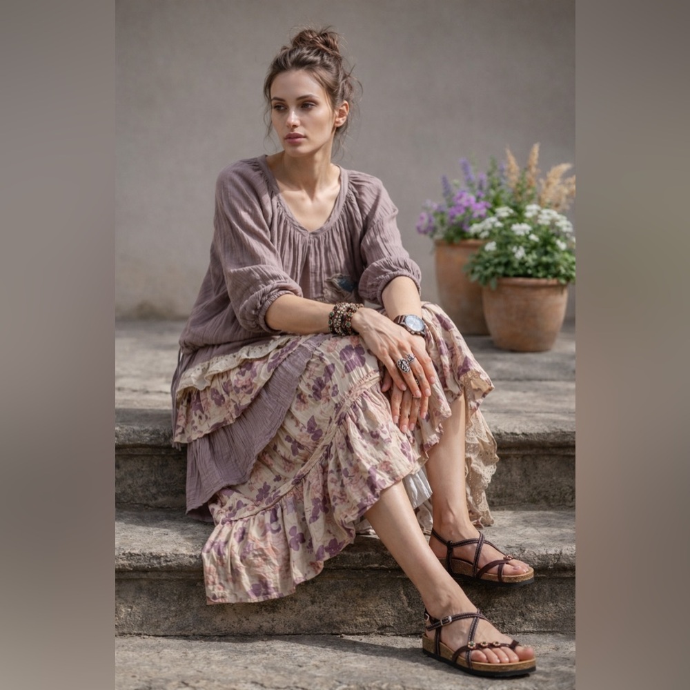Hand Crafted Mauve & Cream Floral Tiered Maxi Skirt